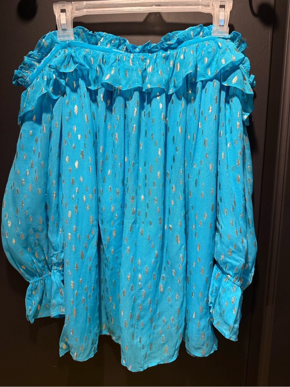 Lilly Pulitzer Turquoise Off-Shoulder Ruffle Top with Metallic Gold Oblong Dots